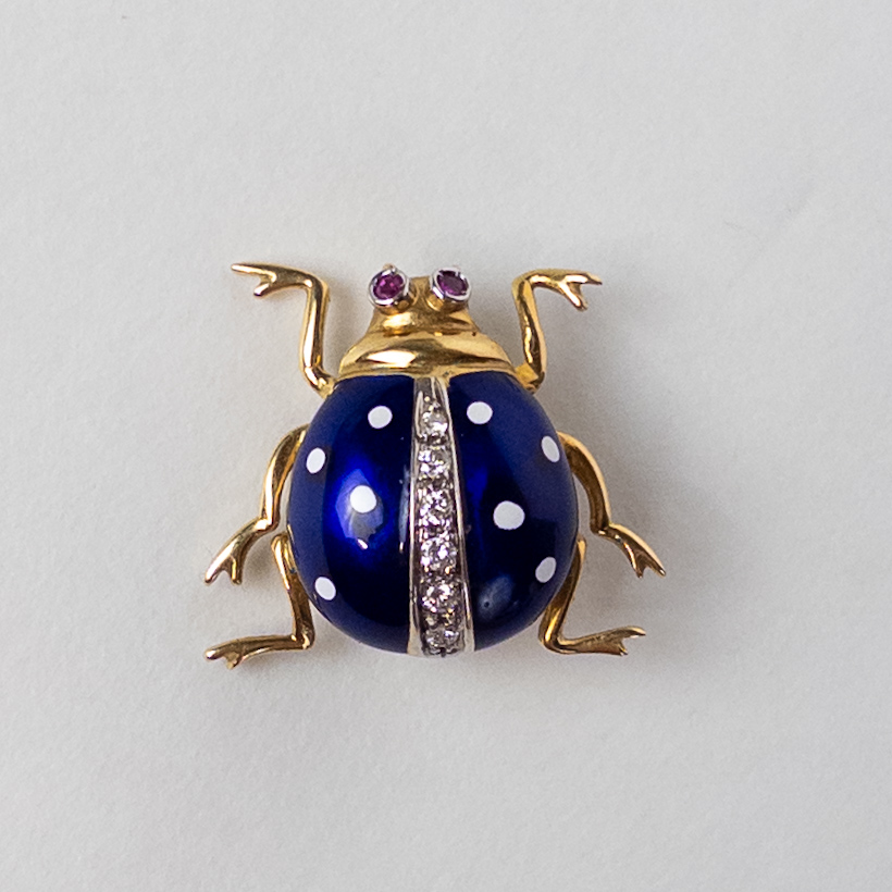 18K Gold, Enamel, Diamond, and Ruby Ladybug Brooch