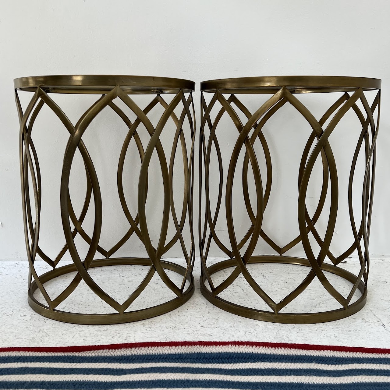 Antiqued Brass Drum Side Table Pair