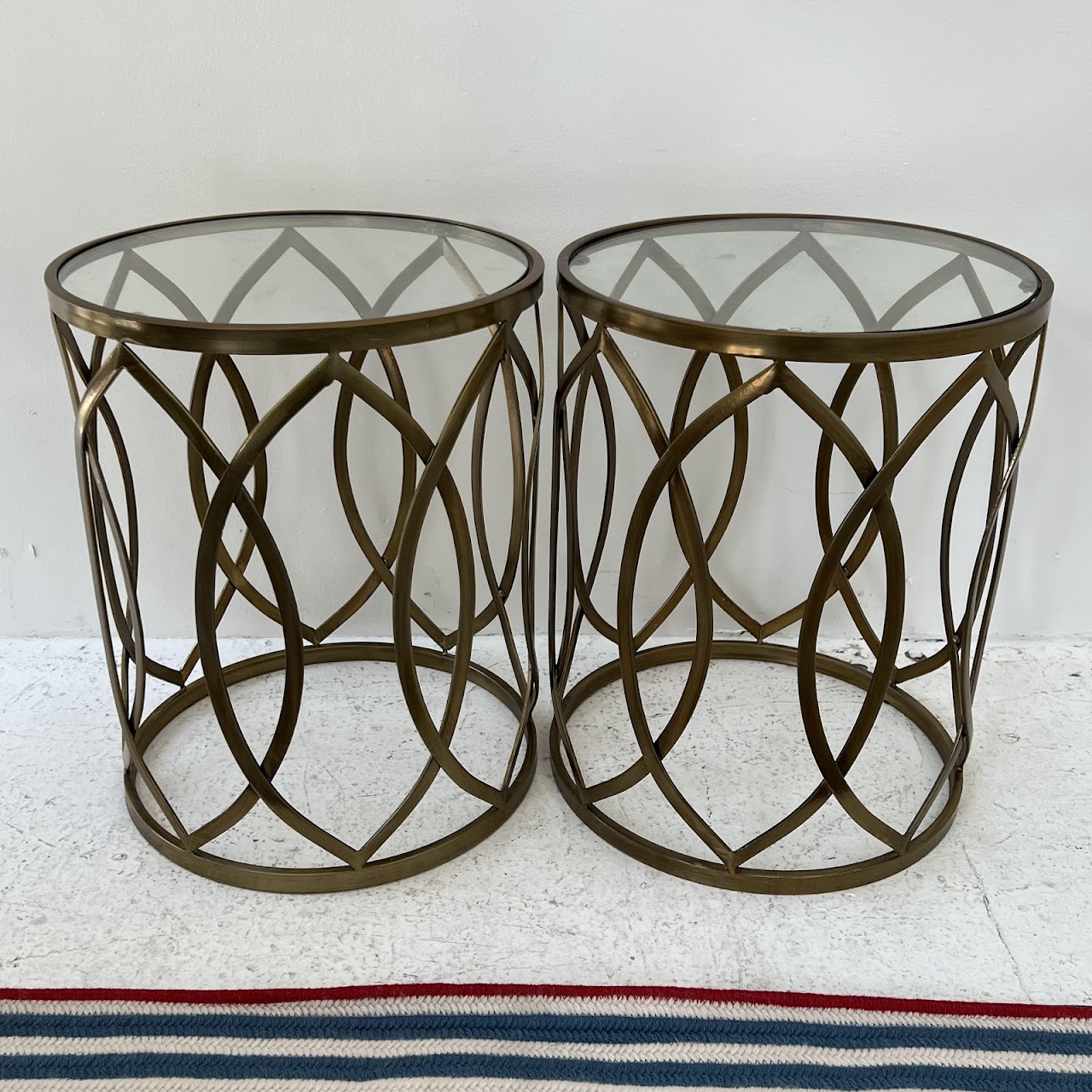 Antiqued Brass Drum Side Table Pair