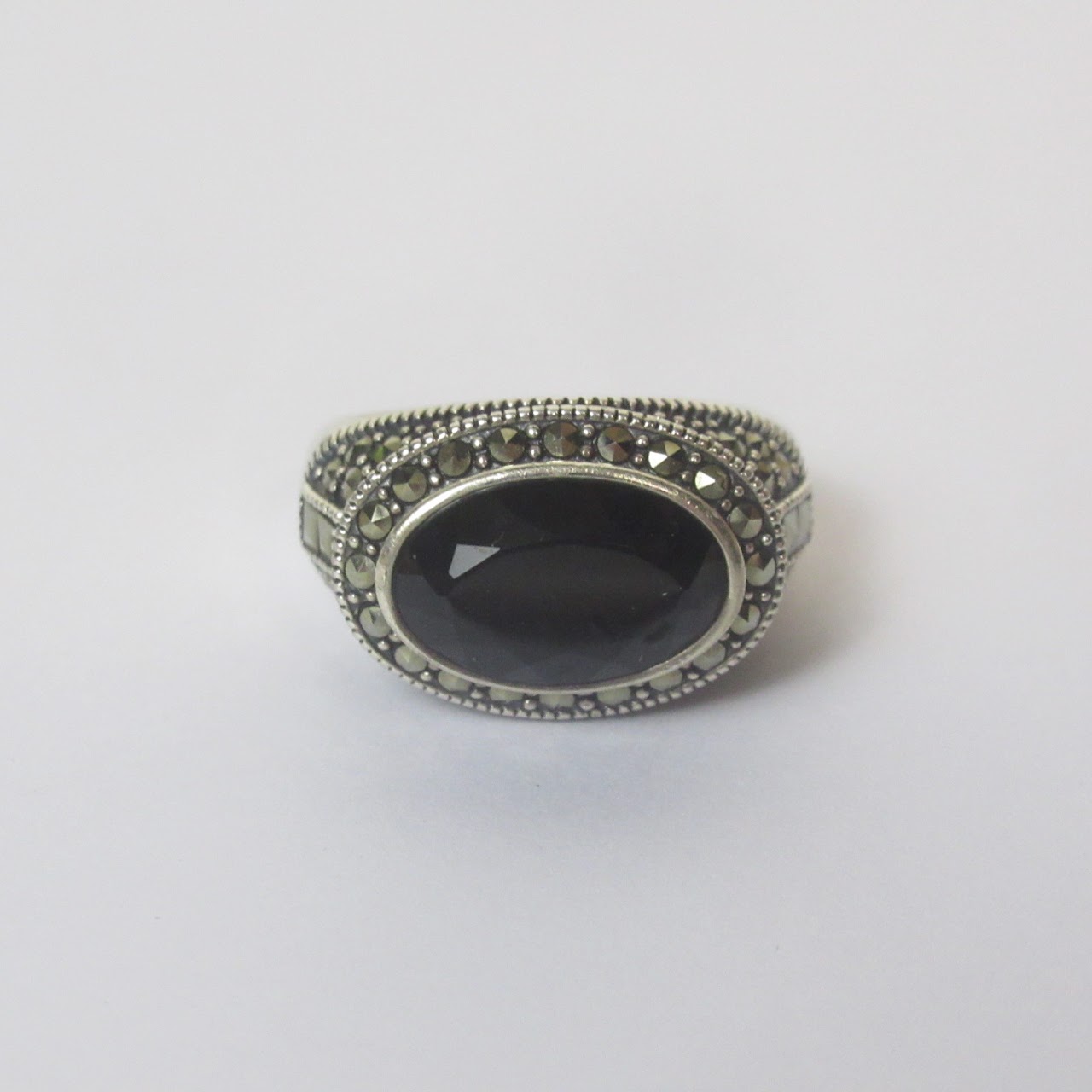 Sterling Silver Onyx & Marcasite Ring