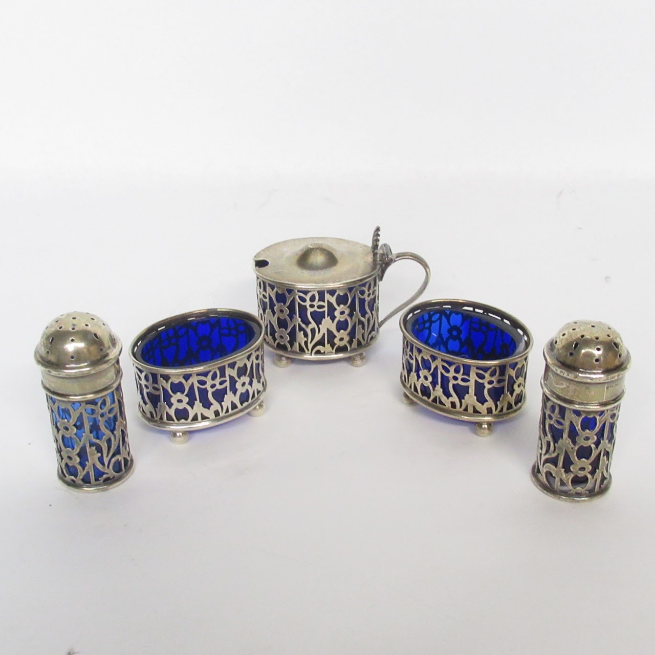 Gorham Sterling Silver & Cobalt Glass Salt & Condiment Set