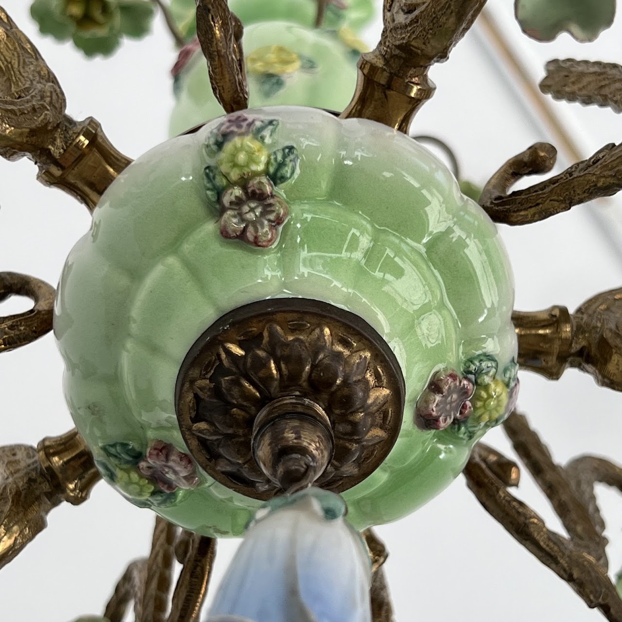 1940s French Porcelain and Brass Six-Arm Chandelier