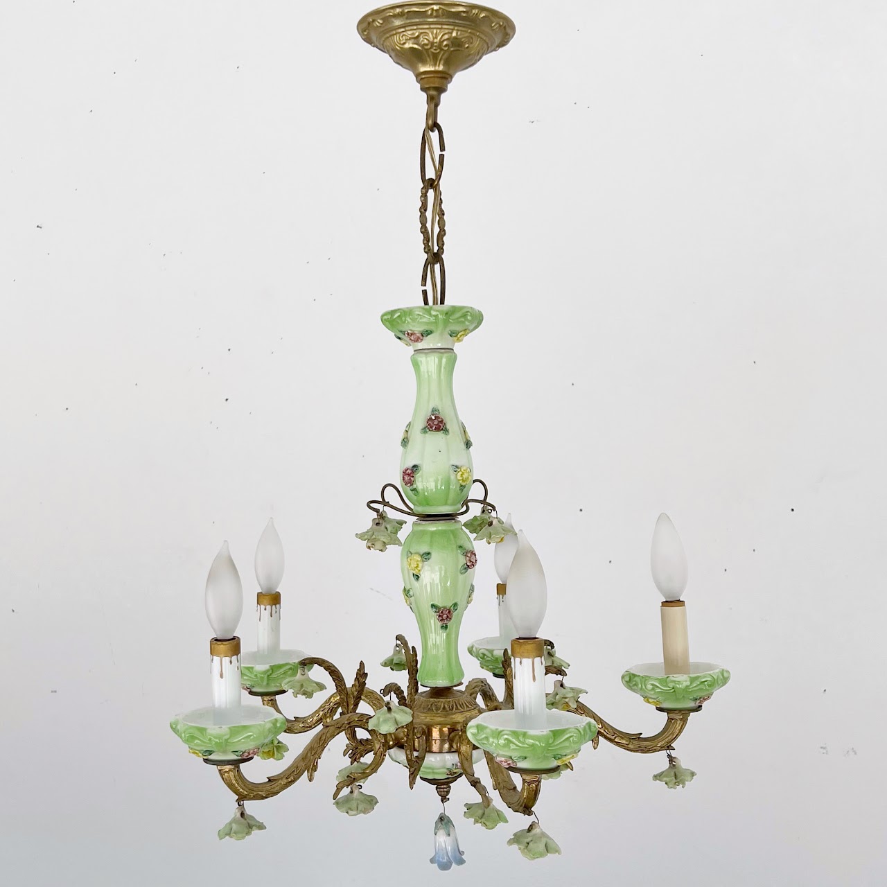 1940s French Porcelain and Brass Six-Arm Chandelier