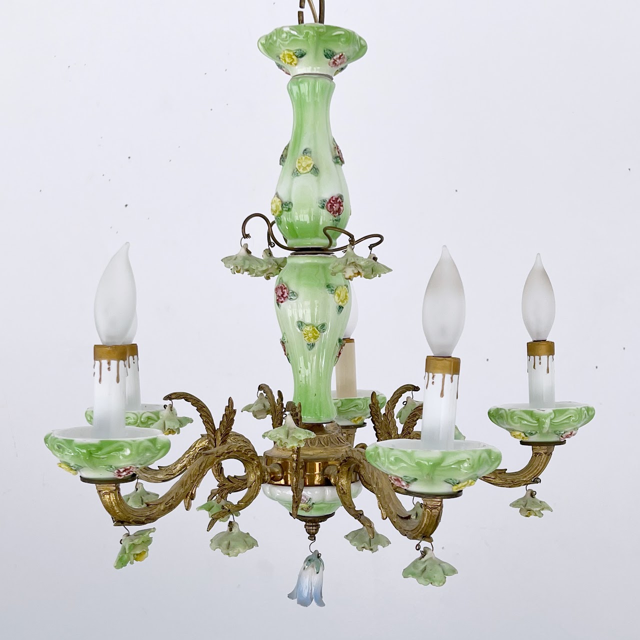 1940s French Porcelain and Brass Six-Arm Chandelier