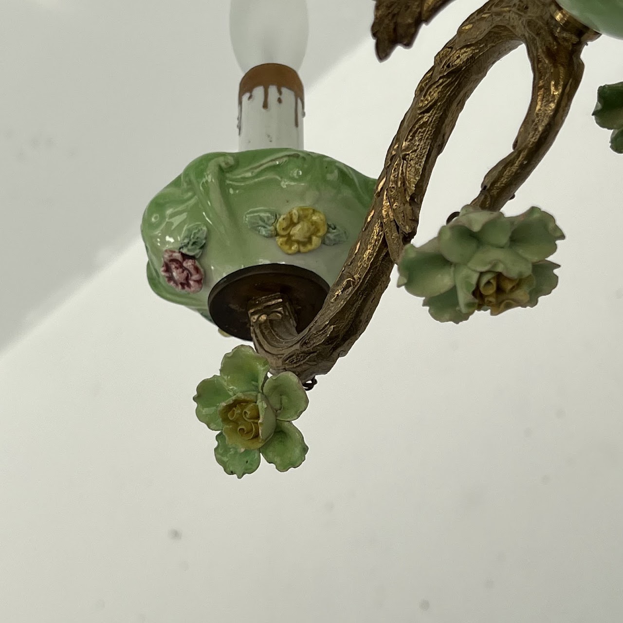 1940s French Porcelain and Brass Six-Arm Chandelier