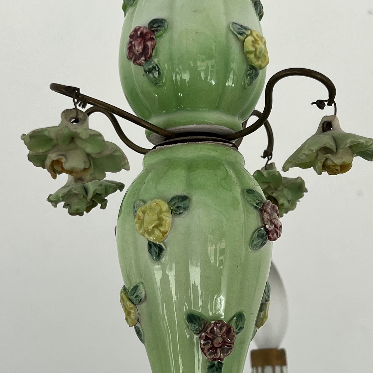 1940s French Porcelain and Brass Six-Arm Chandelier