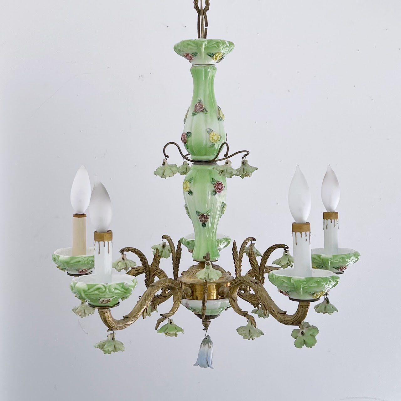 1940s French Porcelain and Brass Six-Arm Chandelier