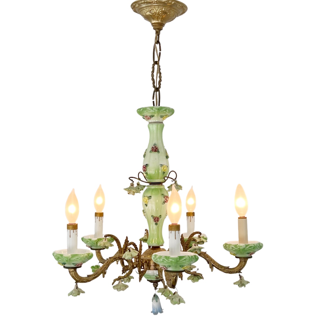 1940s French Porcelain and Brass Six-Arm Chandelier