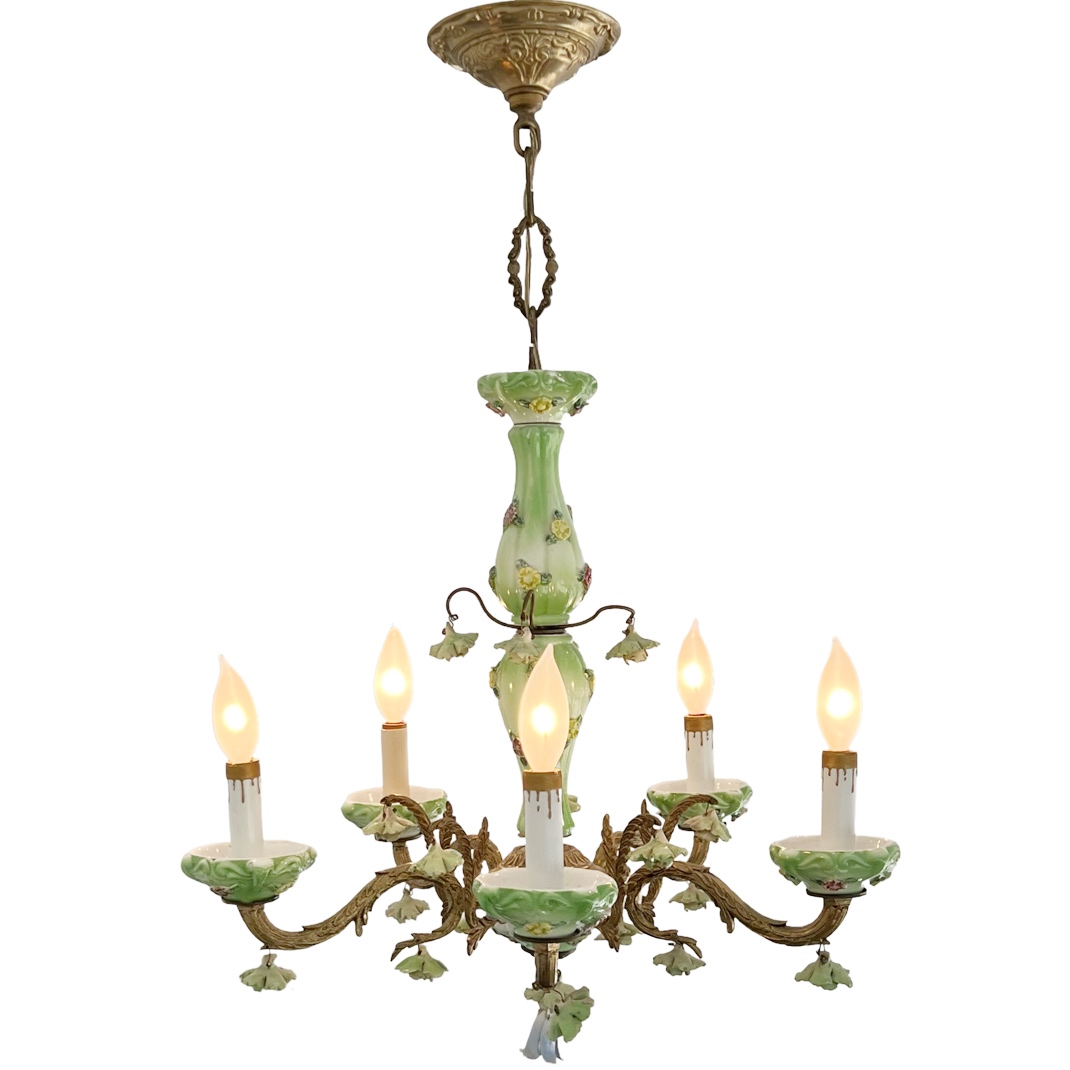 1940s French Porcelain and Brass Six-Arm Chandelier