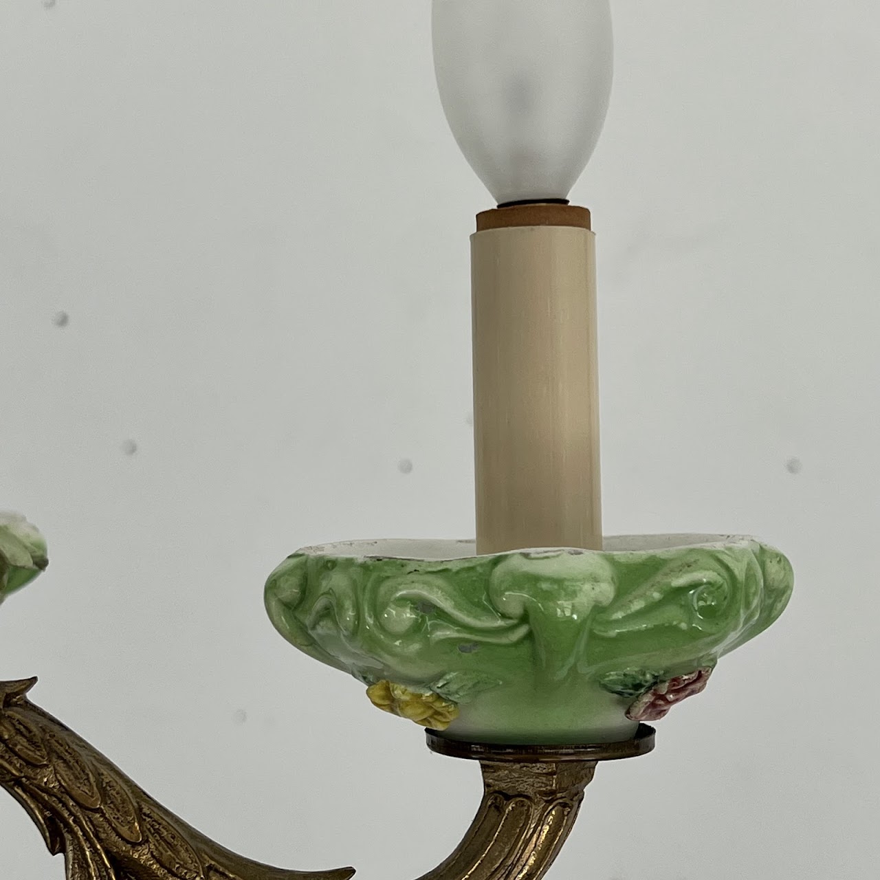 1940s French Porcelain and Brass Six-Arm Chandelier