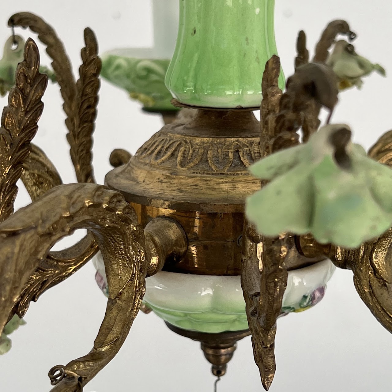 1940s French Porcelain and Brass Six-Arm Chandelier