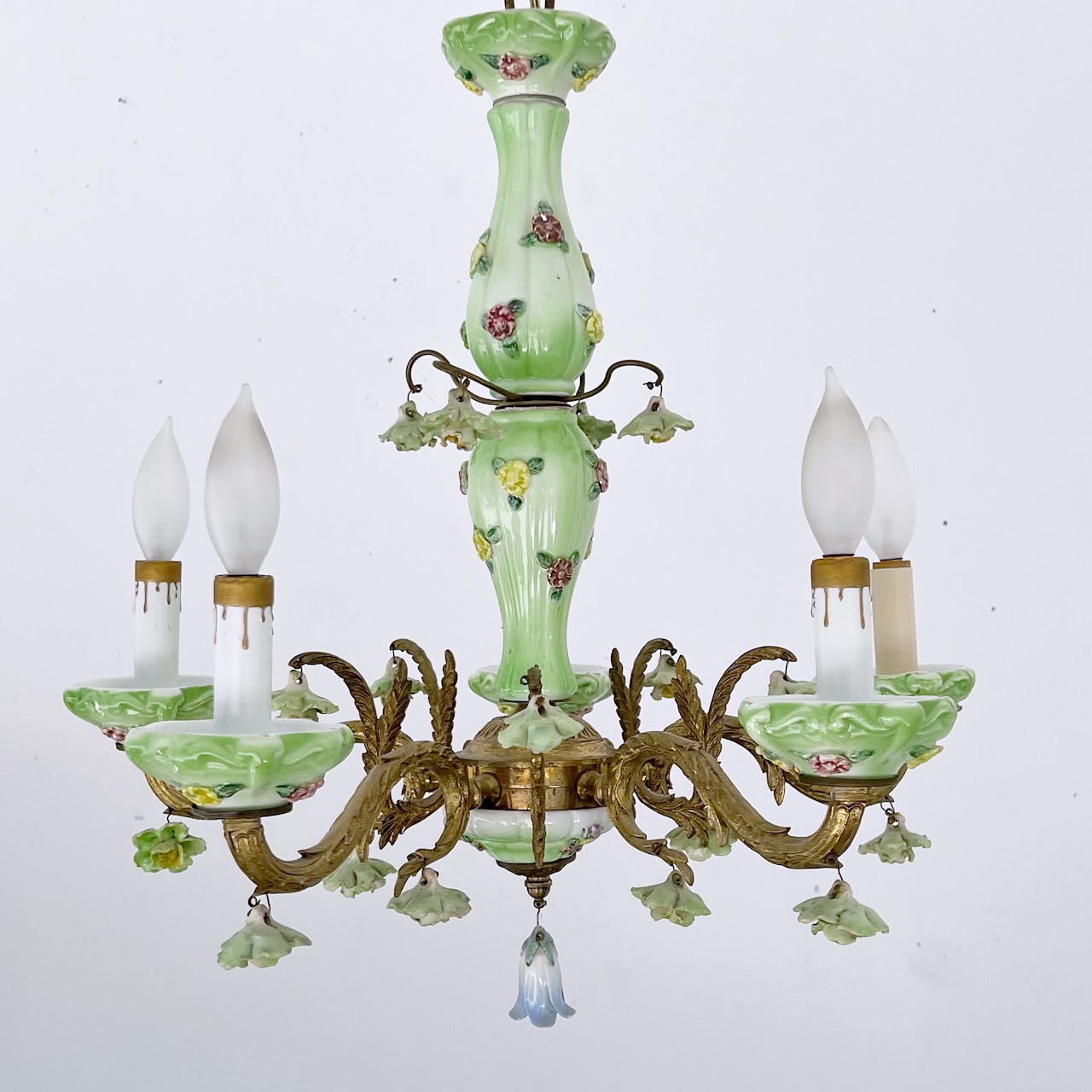 1940s French Porcelain and Brass Six-Arm Chandelier