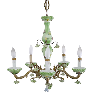 1940s French Porcelain and Brass Six-Arm Chandelier