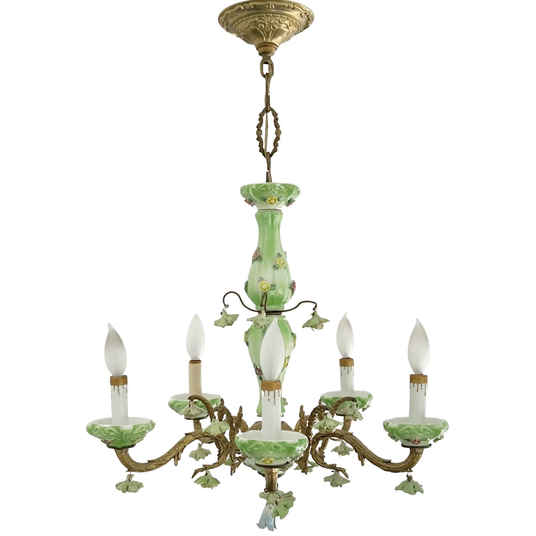 1940s French Porcelain and Brass Six-Arm Chandelier