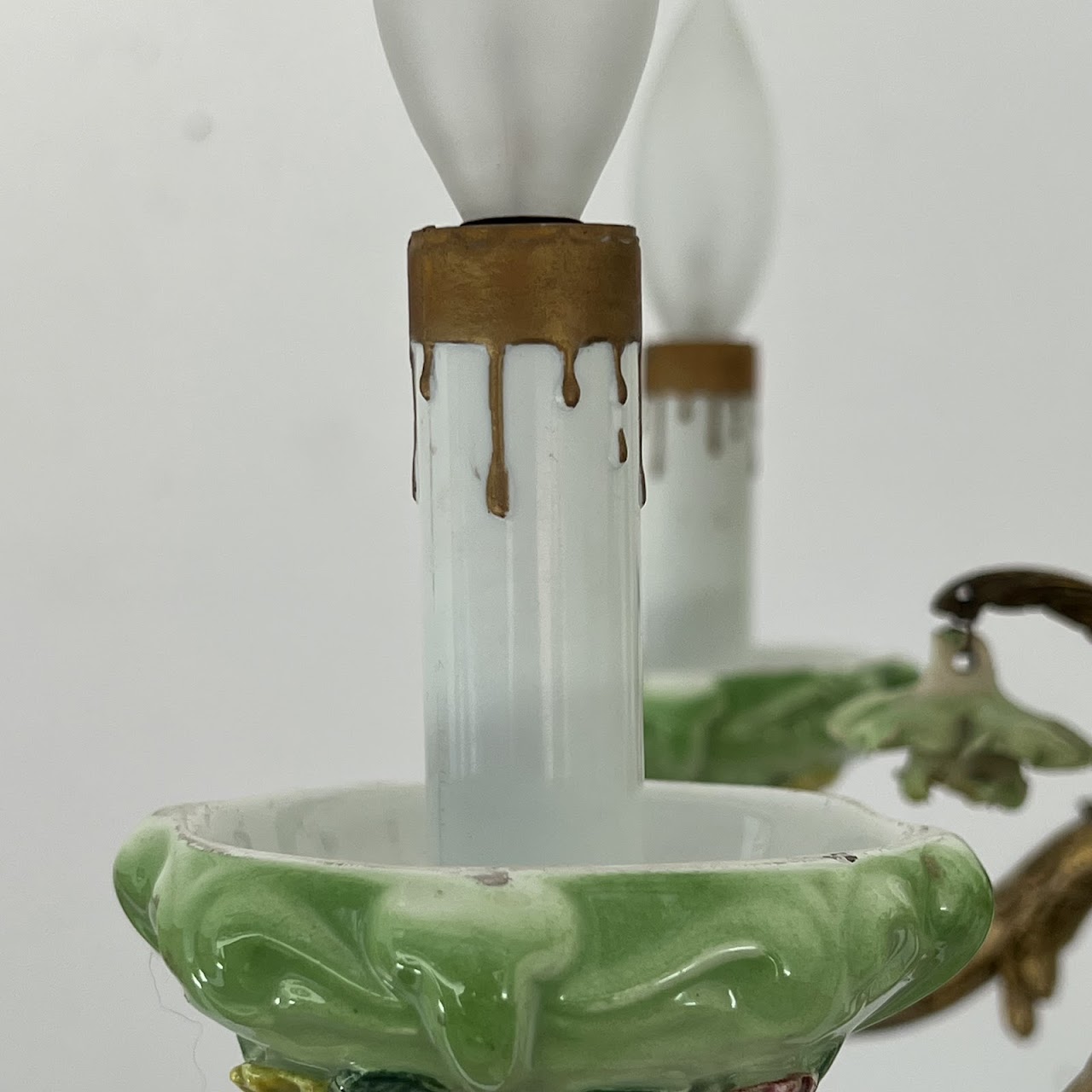 1940s French Porcelain and Brass Six-Arm Chandelier