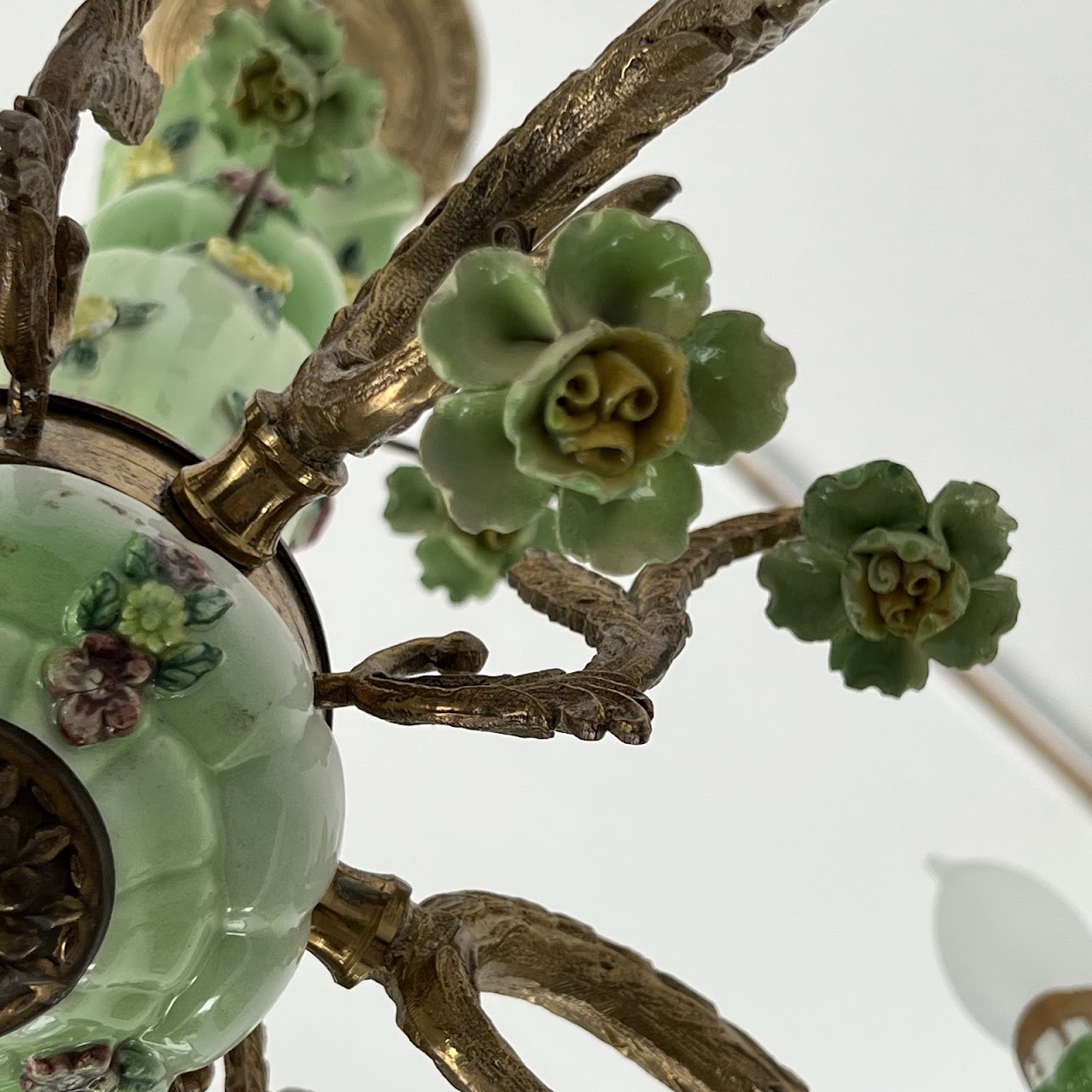 1940s French Porcelain and Brass Six-Arm Chandelier