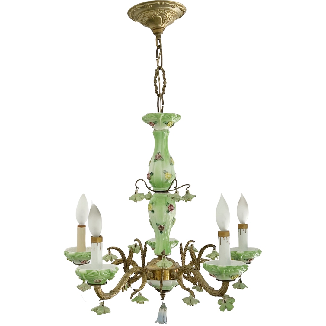 1940s French Porcelain and Brass Six-Arm Chandelier