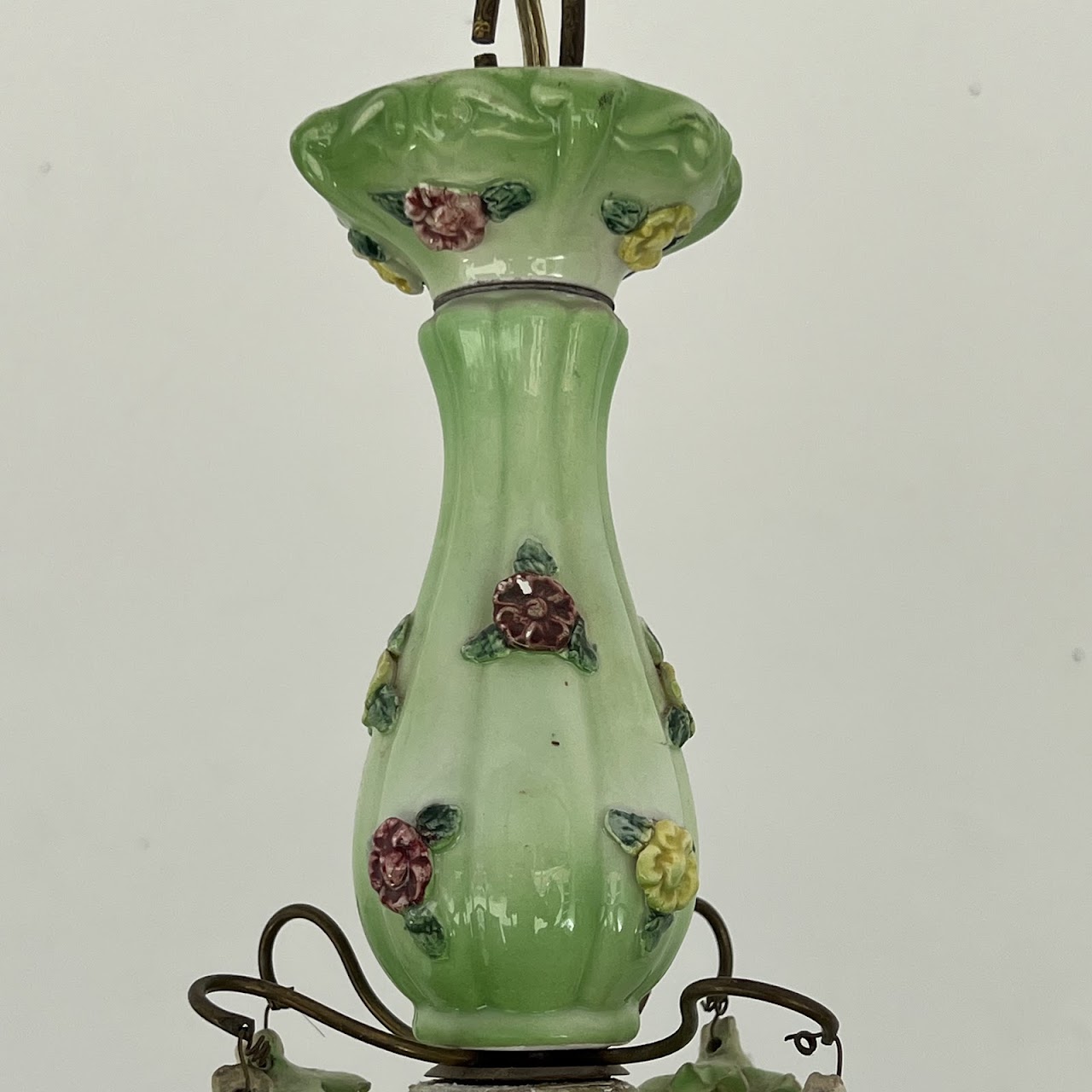 1940s French Porcelain and Brass Six-Arm Chandelier