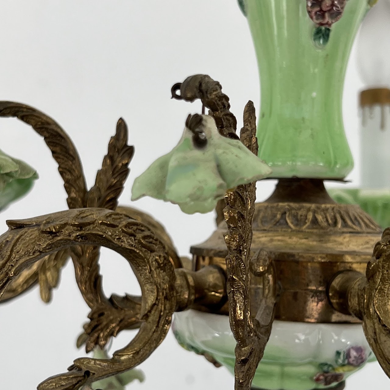 1940s French Porcelain and Brass Six-Arm Chandelier