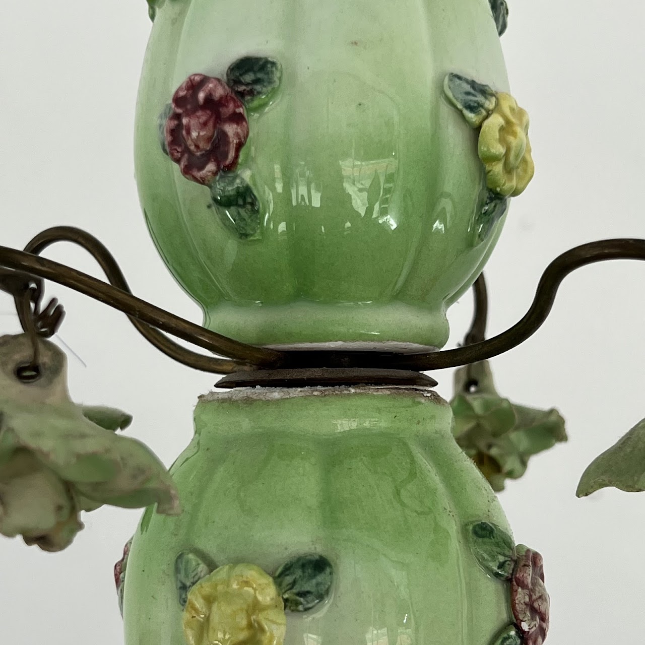 1940s French Porcelain and Brass Six-Arm Chandelier