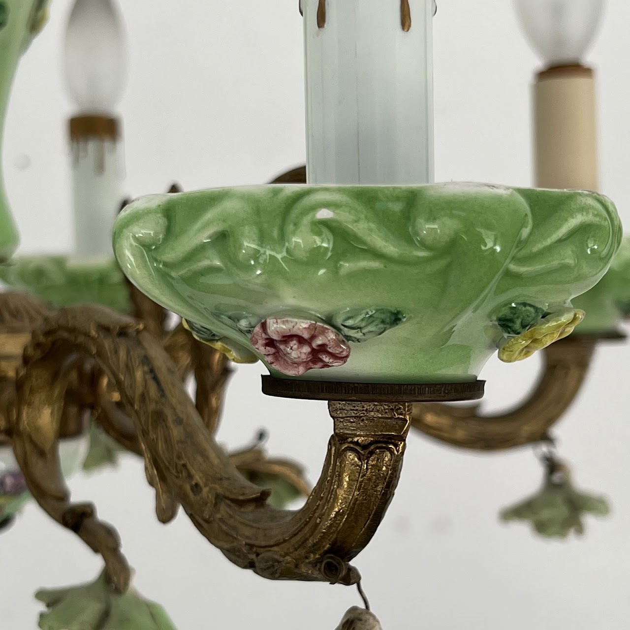 1940s French Porcelain and Brass Six-Arm Chandelier