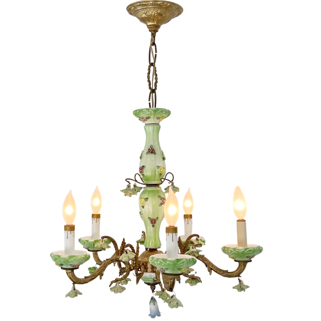 1940s French Porcelain and Brass Six-Arm Chandelier