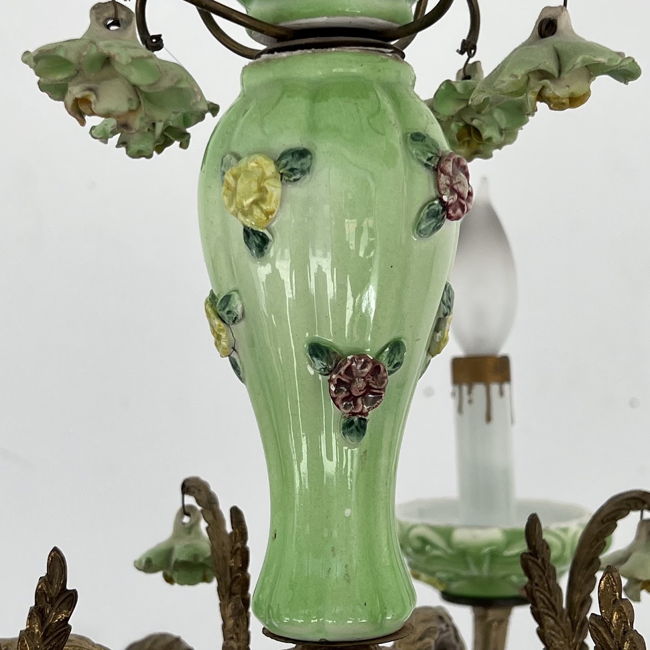 1940s French Porcelain and Brass Six-Arm Chandelier