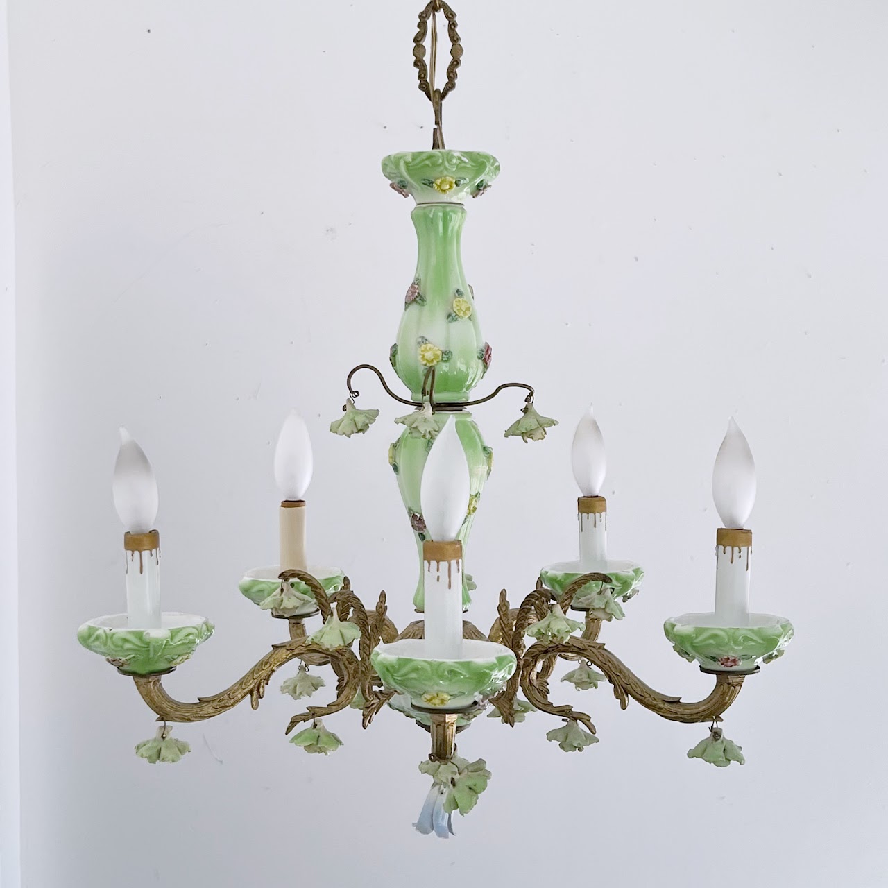 1940s French Porcelain and Brass Six-Arm Chandelier