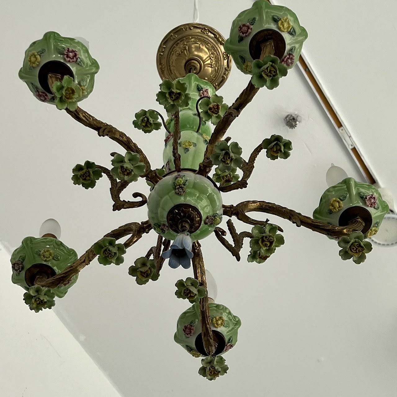 1940s French Porcelain and Brass Six-Arm Chandelier