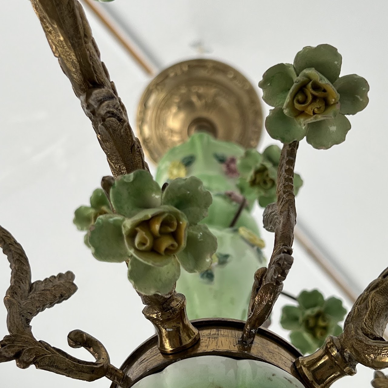 1940s French Porcelain and Brass Six-Arm Chandelier