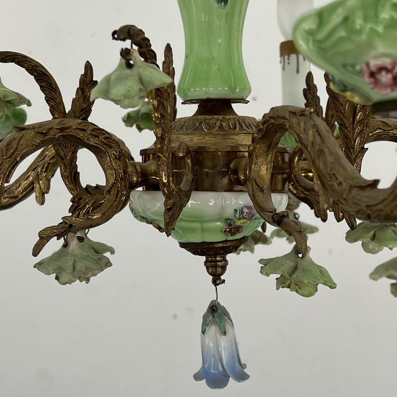 1940s French Porcelain and Brass Six-Arm Chandelier