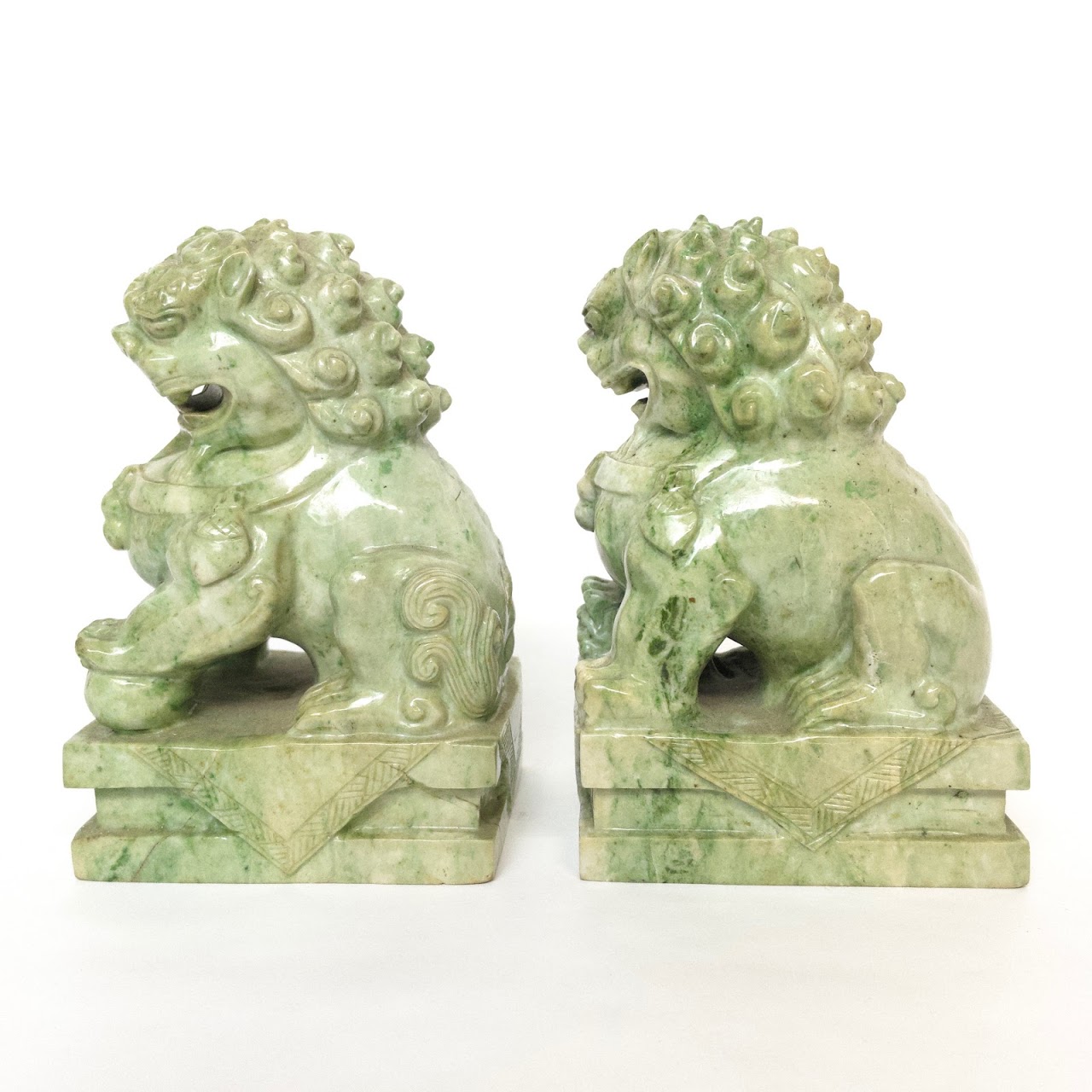 Carved Green Marble Foo Dog Pair