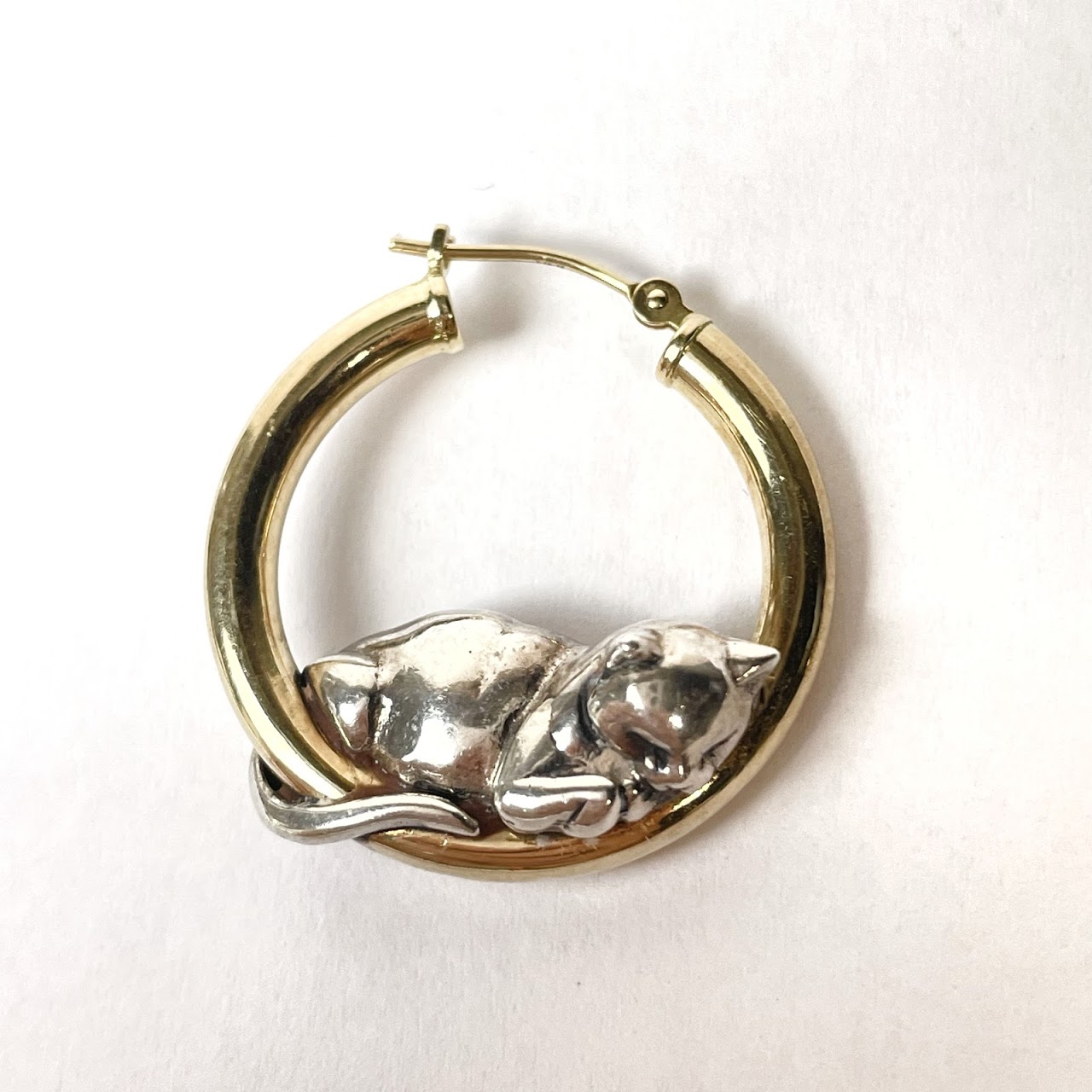 14K Gold and Sterling Sleeping Cat Hoop Earrings