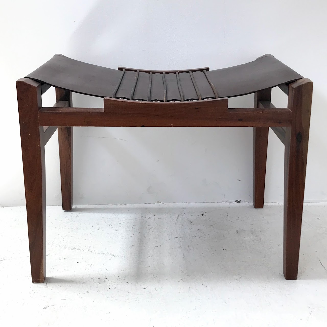 Walnut & Leather Sling Seat Stool