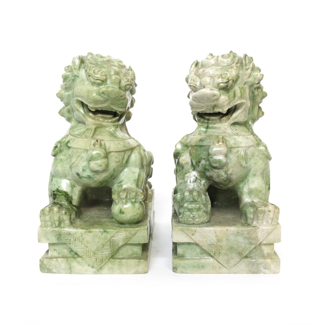 Carved Green Marble Foo Dog Pair