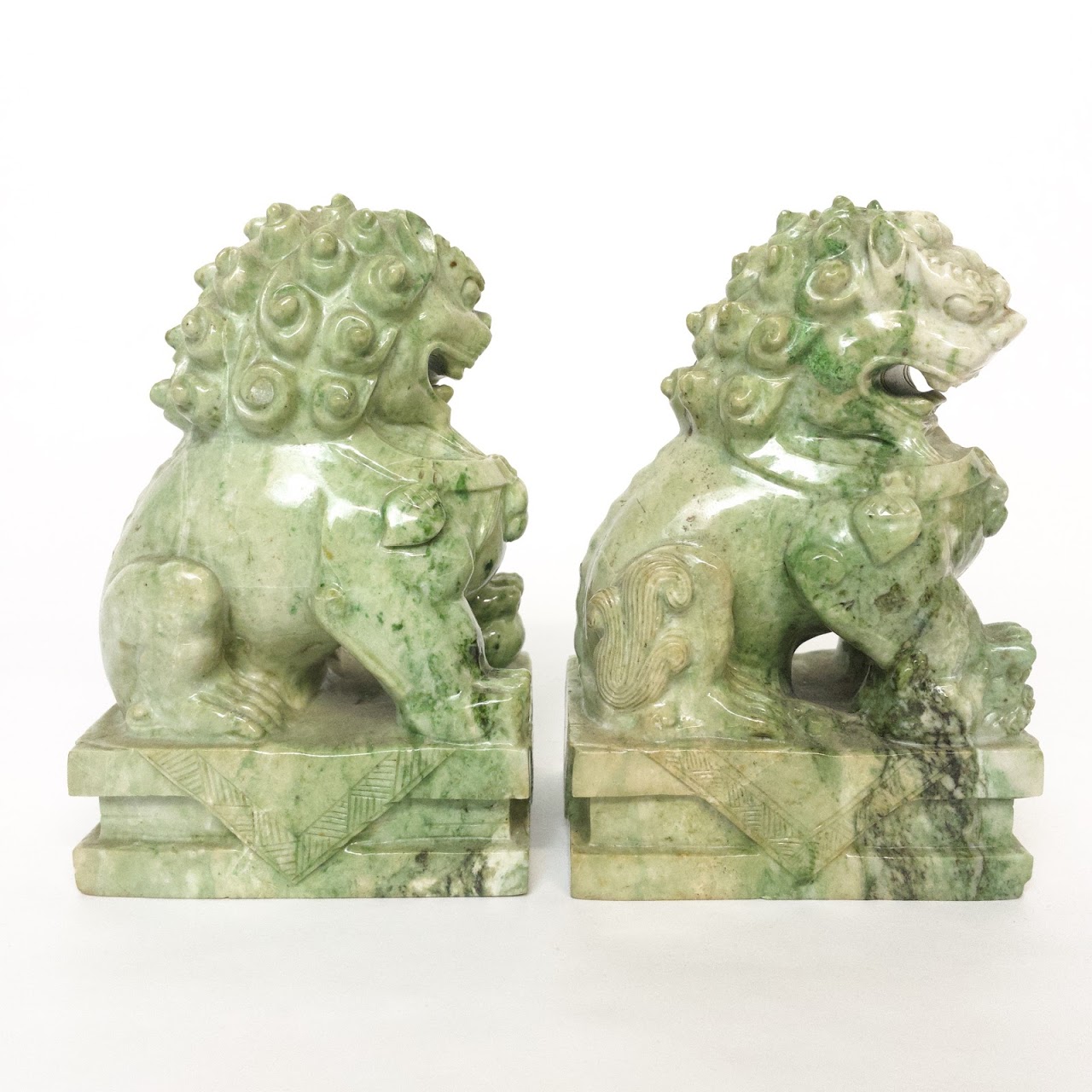 Carved Green Marble Foo Dog Pair