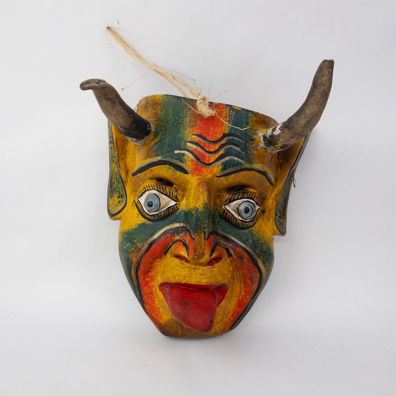 Mexican Folk Art Feathers & Horns Mask Duo