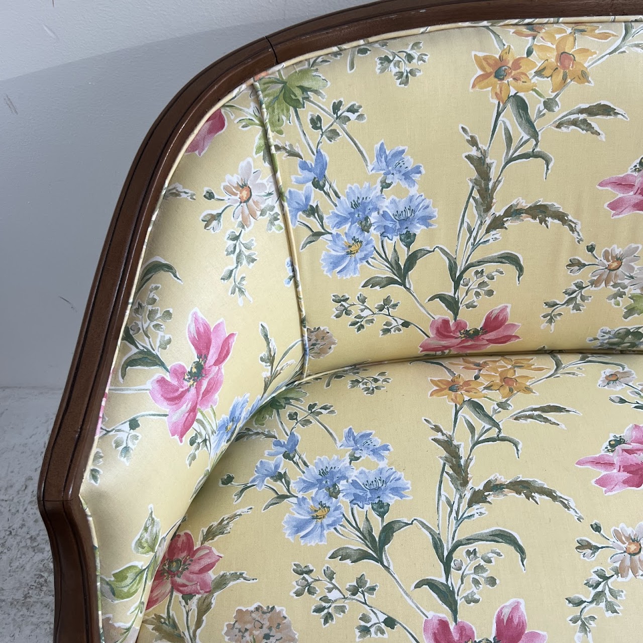 French Walnut Floral Upholstered Loveseat