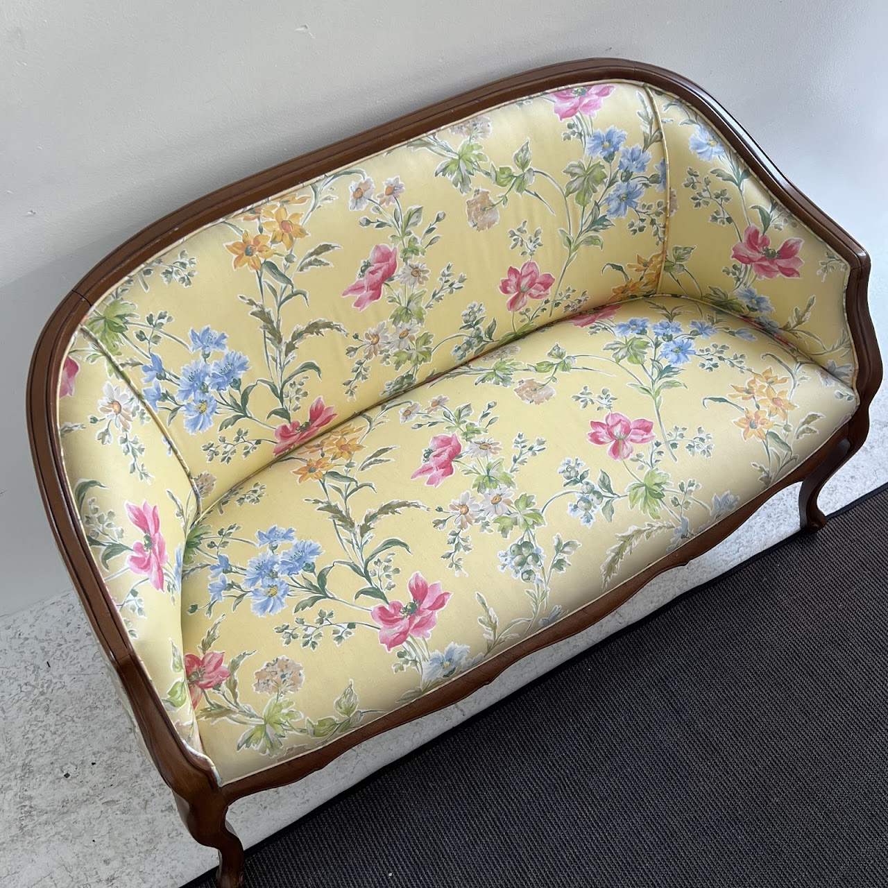 French Walnut Floral Upholstered Loveseat