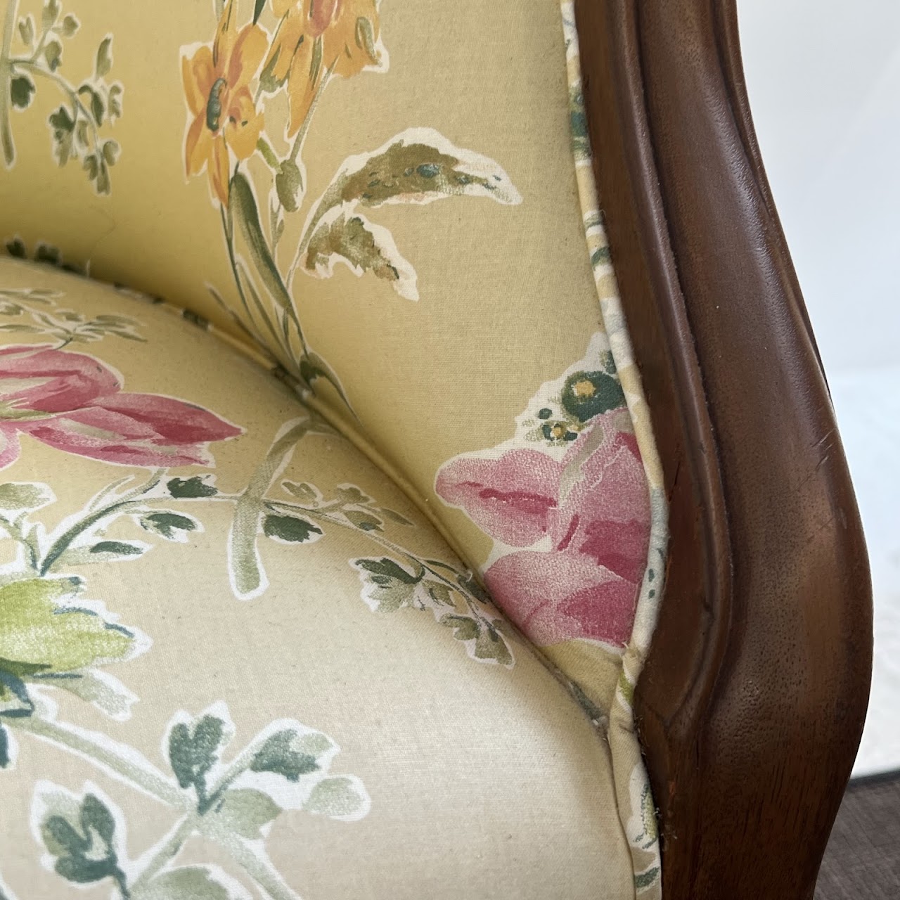 French Walnut Floral Upholstered Salon Chair