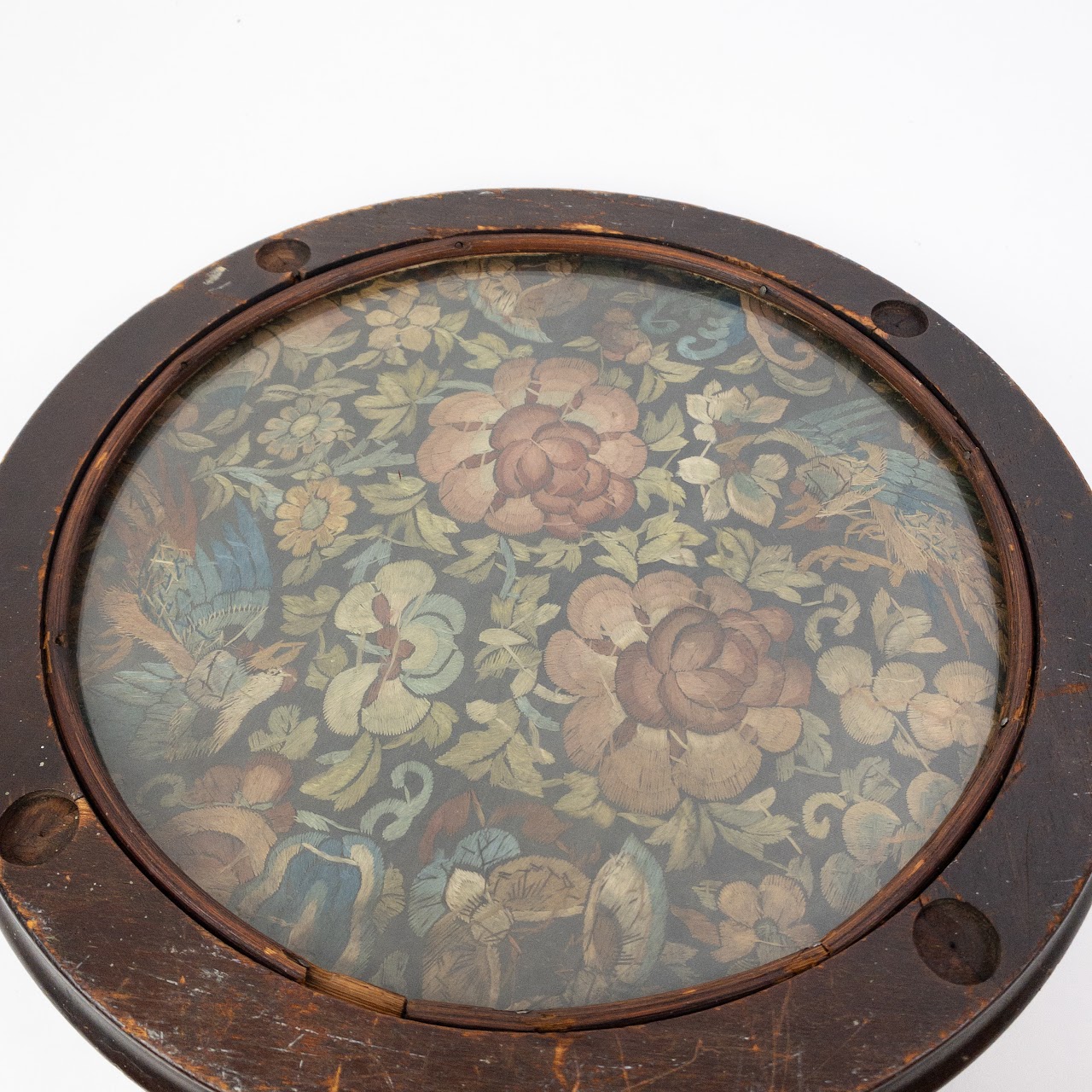 Vintage Silk Embroidery Mounted in Glass Tray