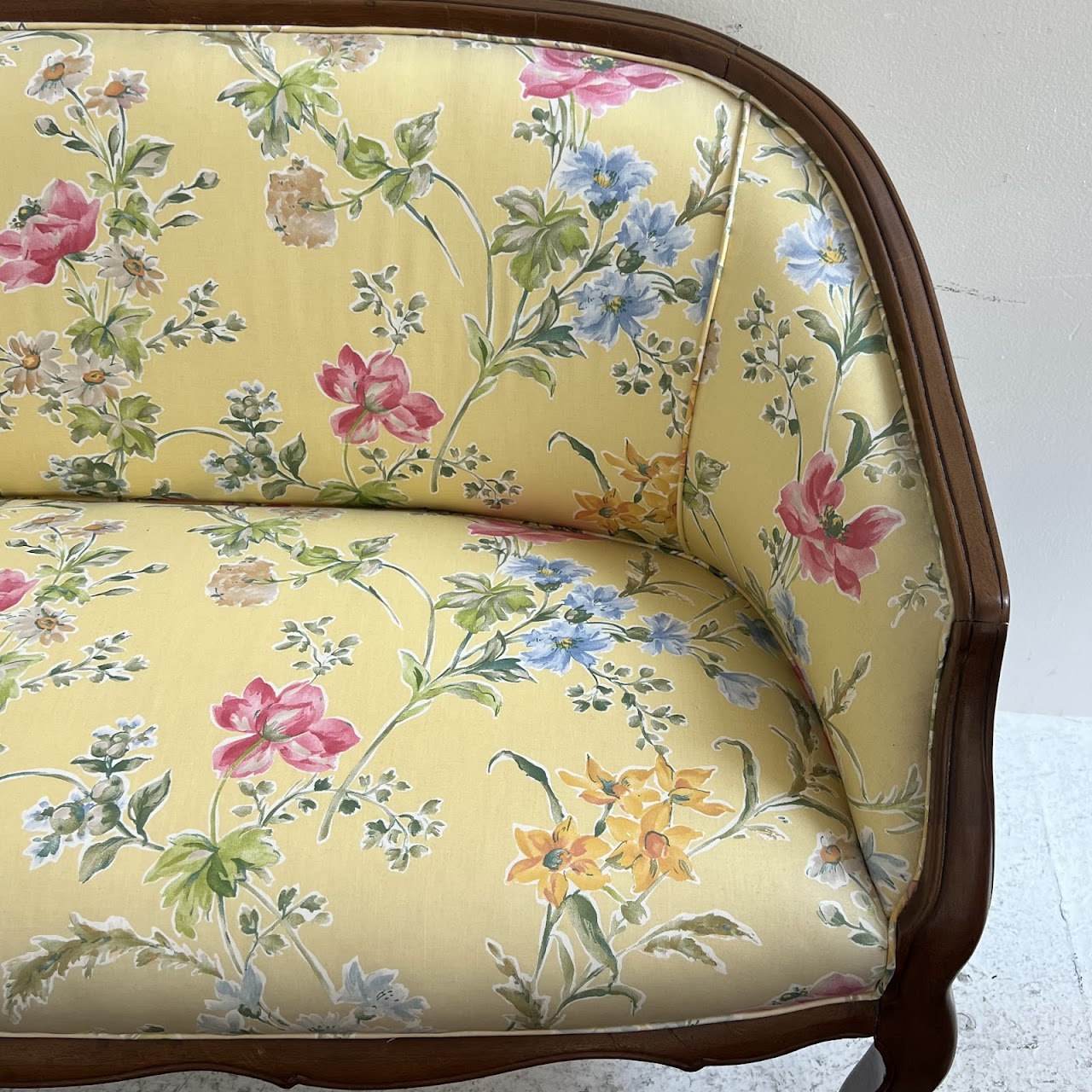 French Walnut Floral Upholstered Loveseat