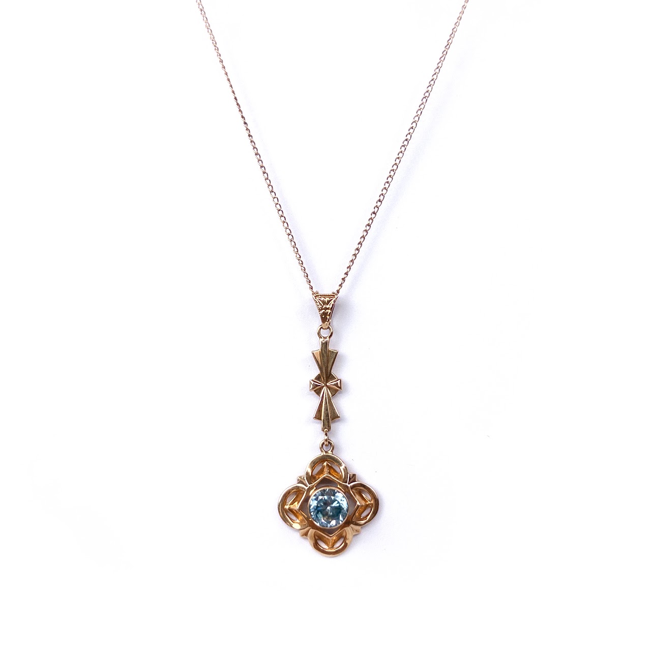 14K Gold  & Blue Stone Flower Pendant Necklace