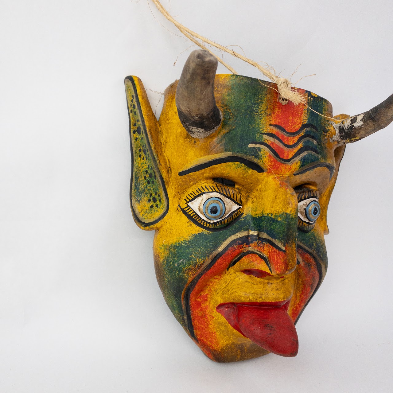 Mexican Folk Art Feathers & Horns Mask Duo