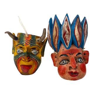 Mexican Folk Art Feathers & Horns Mask Duo