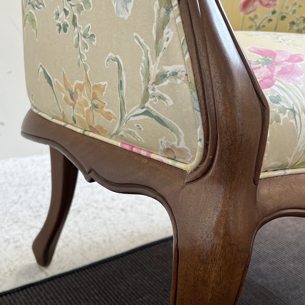 French Walnut Floral Upholstered Salon Chair