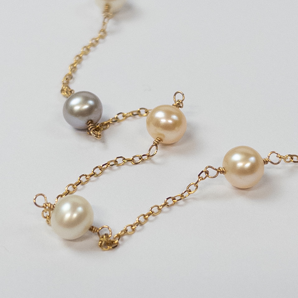 14K Gold & Tricolor Pearl Station Necklace