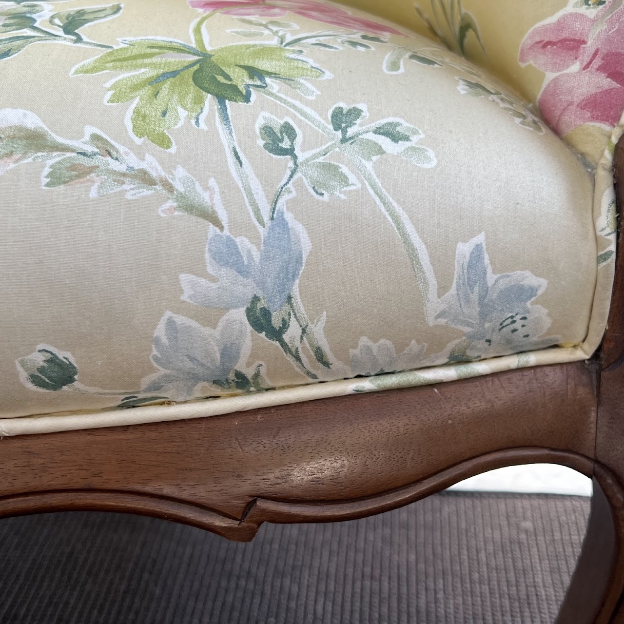 French Walnut Floral Upholstered Salon Chair