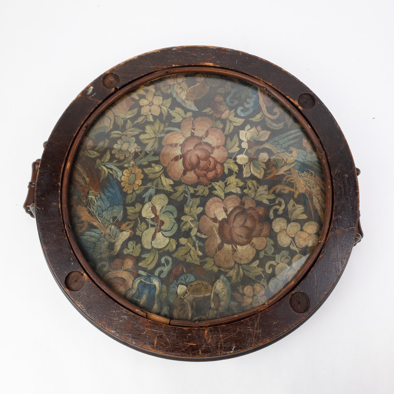 Vintage Silk Embroidery Mounted in Glass Tray