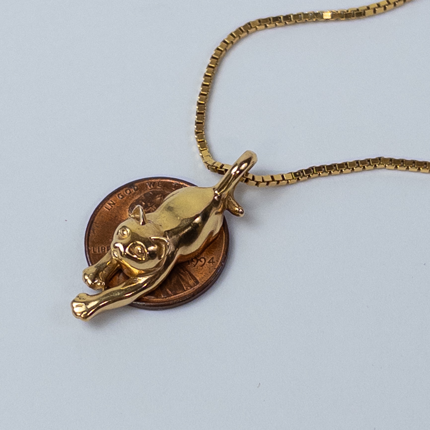 14K Gold  Stretching Cat Pendant Necklace